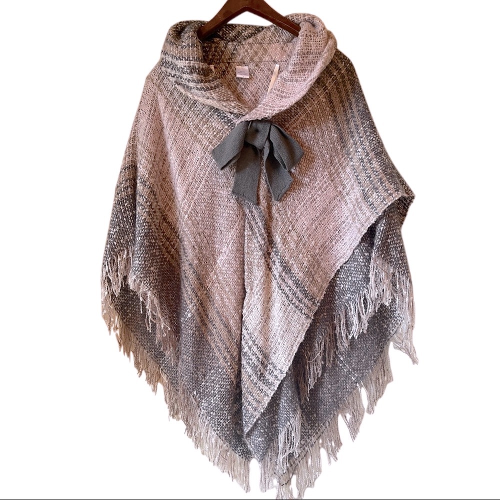 Gray and Pink Sweater Shawl Button Front With Bow